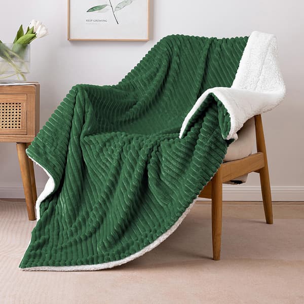 Koseteppe, tykt teppe, lammeullteppe, sengeteppe, stripete mykt teppe, sofatrekk, sofateppe for seng, sofa, stue green