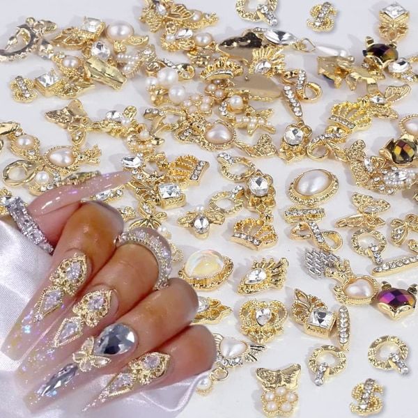 IC 50 stk guld negleberlocker til akrylnegle, bland stilarter glitrende perle legering negle strass Blomst Sommerfugl Hjerte Stjerne Charms