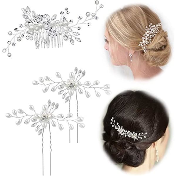 Brudehårstilbehør Sæt Perle Krystal Rhinestone Hårkam Og 2 Hårnåle Til Brude Brudepiger Kvinder Sølv
