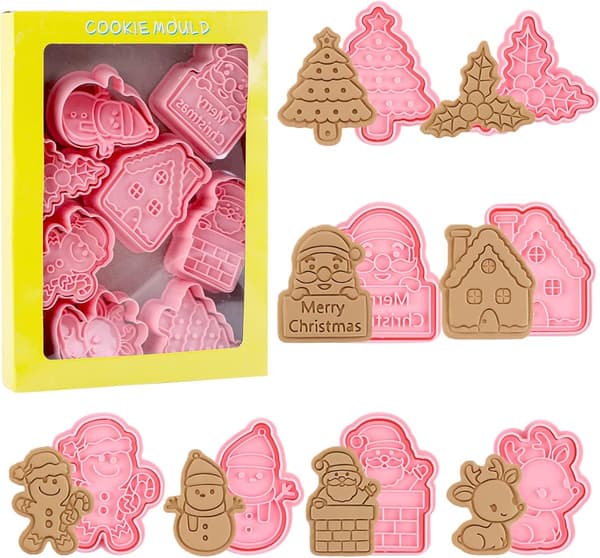 Julekakeformsett, 16-dels matsikker PP-plast pregeformer, gjenbrukbar for julebaking, rosa, 6 x 7 cm