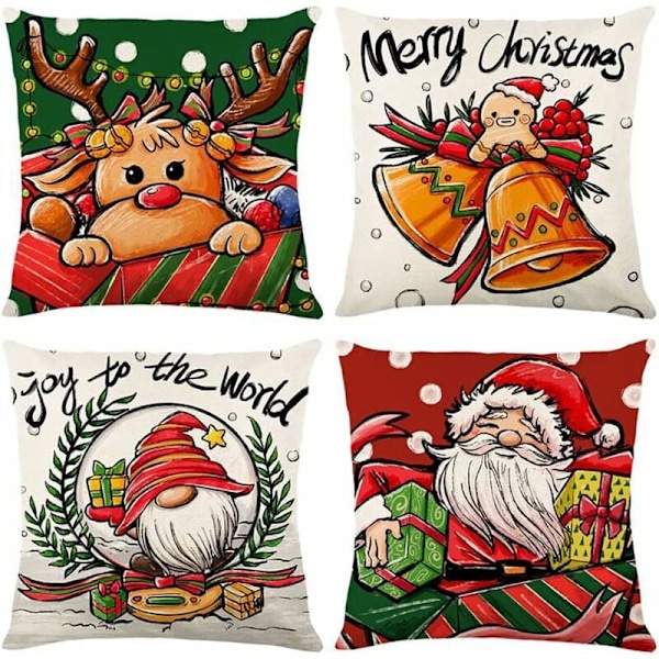Juleputetrekk 45x45cm, Sett med 4 Juledekorative Sofaputer i Bomull og Lin til Sofa Senge Soverom Stol Hage - Julefarge