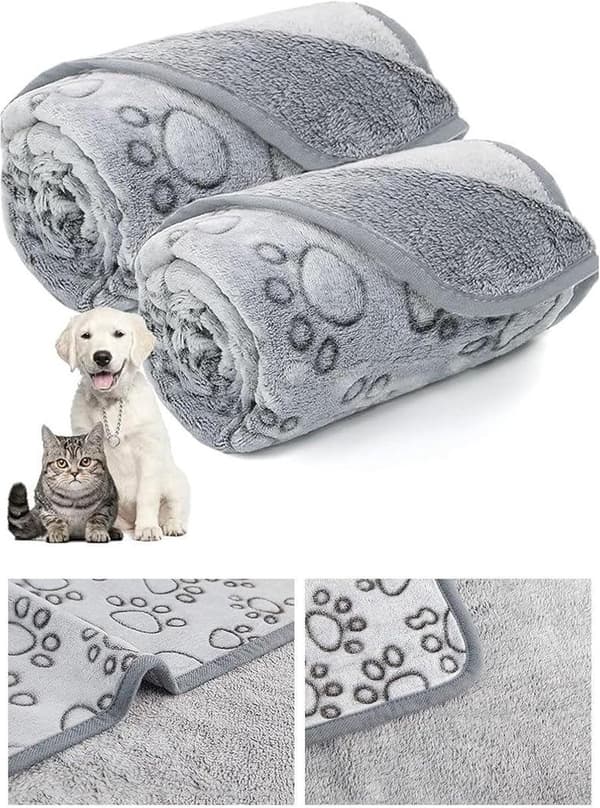 Blødt kæledyrstæppe med poteprintmønster, hyggeligt flanneltæppe til hunde og katte, maskinvaskbart til transportbur, sofa, seng og bil, 40 x 60 cm, grå