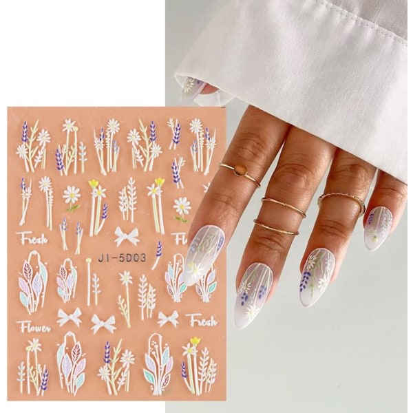 5D kohokuvioidut kukkaterälehdet Nail Art -tarrat 3 arkkia