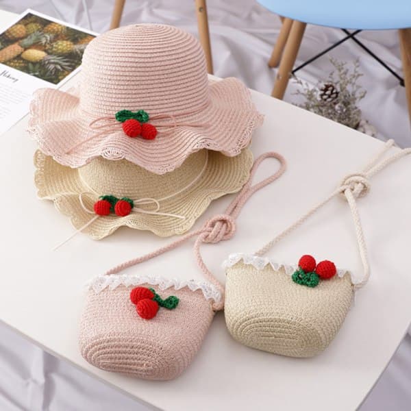 IC Barn Solhatt Flickor Sommar Ny Halmväska Cap Set Solskydd White
