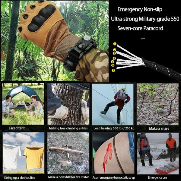 Selviytymisparacord-rannekoru, tulentekijä, vedenpitävä SOS-valo, kompassi, pilli, 20-in-1, ulkoilun Ultimate Tactical Survival Gear Set, lahja, ruskea