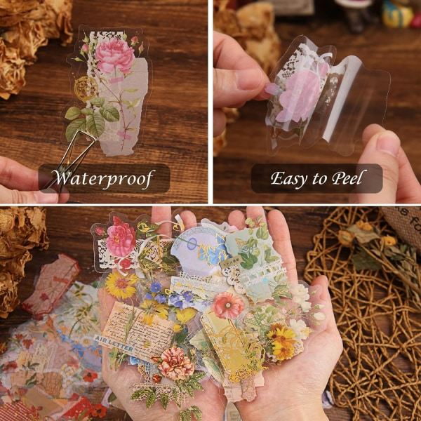 Scrapbooking-tarrat, 180 kpl, vintage, kasvit, kukat, koristeelliset tarrat, kuuma leima, PVC, itseliimautuva tarra