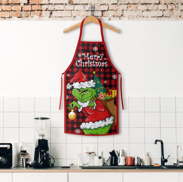 Julköksförkläde Grinch Tomtestil för Hemlagning och Julbak Röd Rutig