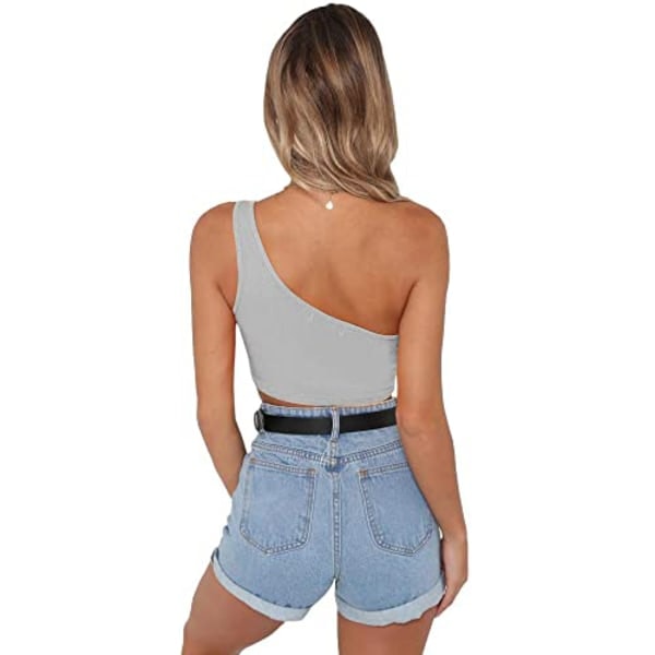 IC Ärmlösa Crop Tops Dam Sexiga One Shoulder Strappy Tees Basic Crop Tank Tops (Grå, XL) XL