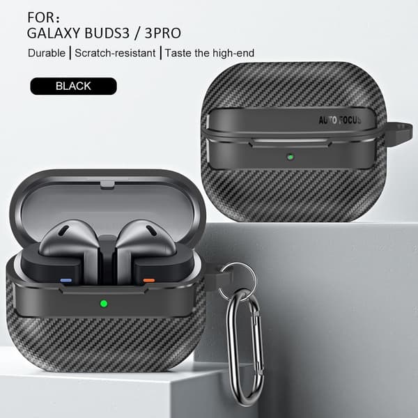 Samsung Galaxy Buds 3 Pro/Buds 3 Etui, Blødt TPU Stødresistent Cover Med Kulfibertekstur, Karabinhage Til Daglig Brug, Sort