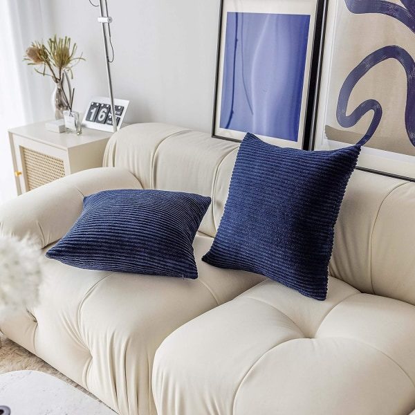 IC Blå slängkuddar för soffa Marinblå dekorativa kuddfodral Set med 2 randiga plysch manchester soffa Sovrum, 18x18 tum, Marinblå