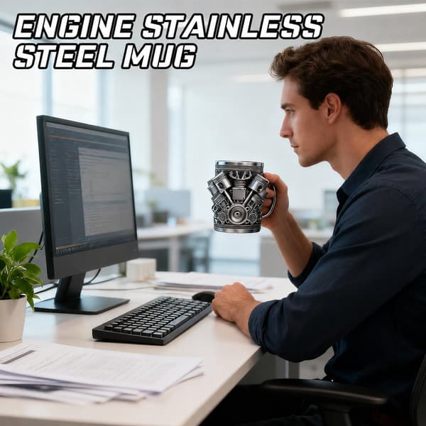 3D-motorkaffemugg 450 ml rostfritt stål dubbelväggig isolerad kopp för varma och kalla drycker, present till bilentusiaster, silvergrå