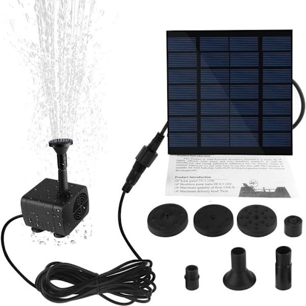 Solarfontenepumpe, vannpumpe med 1,2W monokrystallinsk solcellepanel for hagedam, fiskedam, liten dam, svart..DEBUNS