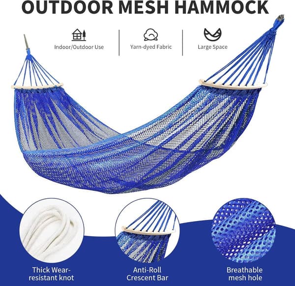 Enkeltpersoners Net Hængekøje, Åndbar Polyester, Rivefast, Til Camping, Have Og Terrasse, Blå, 255 x 130 cm