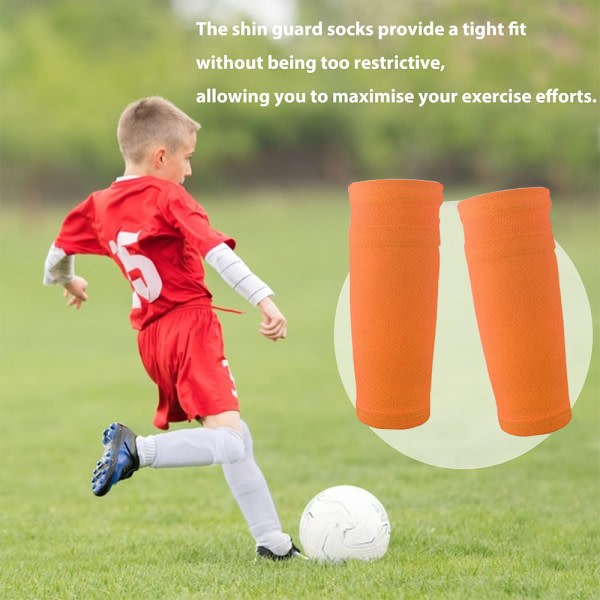 IC 1 par Fotbollsbenskyddsstrumpa, benprestandastöd Fotbollskompression vadärmar med ficka som holder benskydd-orange-L