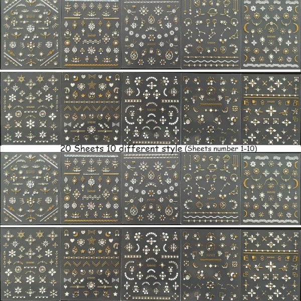 IC 20 ark 3D Nail Art Stickers, Guld/Diamond Design Lyxiga Nail Självhäftande Dekaler Anpassade metalliska Nail Stickers för kvinnor