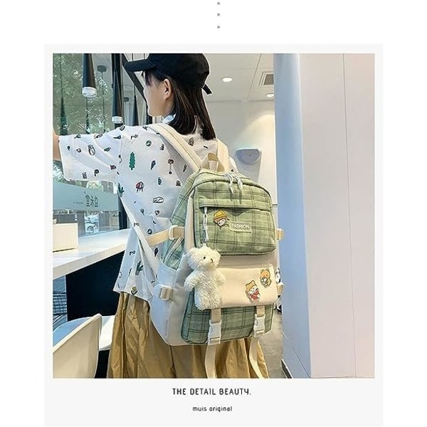 IC 5 stk Canvas Skolryggsekk Combo Sett med Kawaii Bjørn Henge Søte Pins Rutete Rutete Håndtak Skulder Stoffveske Skoleveske