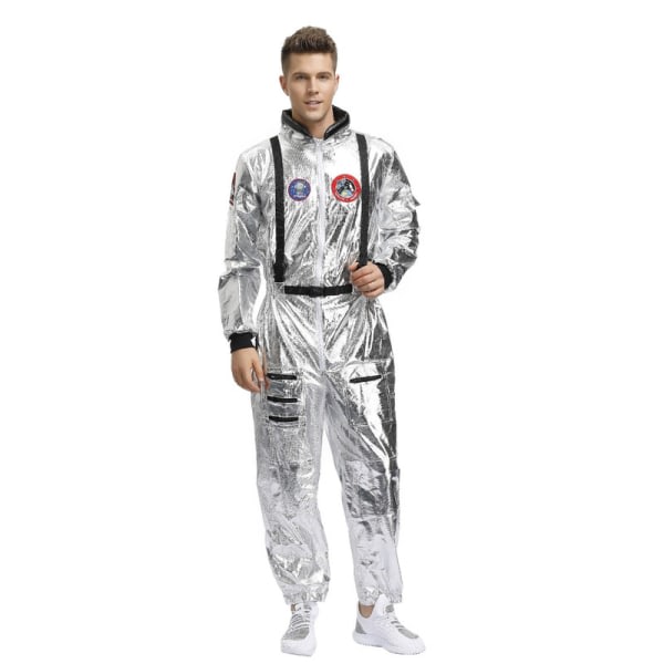 Jumpsuit til voksne astronautkostume Sølv rumdragt til mænd med broderede patches og lommer størrelse L