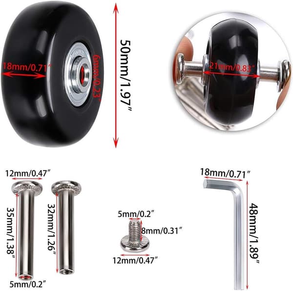 Kuffertudskiftningshjul, 4 stk., 50x18mm gummihjul, sort reparationssæt
