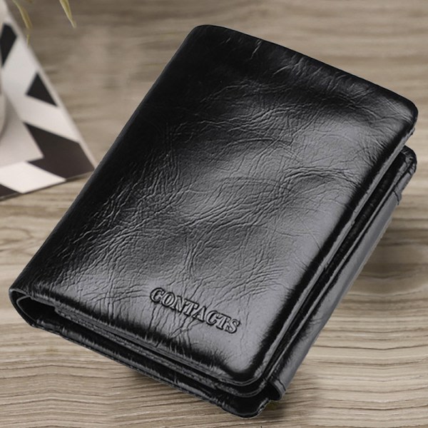 Läderplånbok herr, slimmad plånbok med myntfack & RFID-beskyttelse Svart