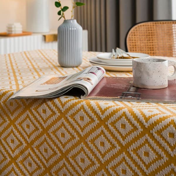 IC Rektangulär bordsduk tjock stickad Broderad texturerad frans bomull Linne Rektangulär duk för kök, 139,7 cm x 139,7 cm, 4 platser
