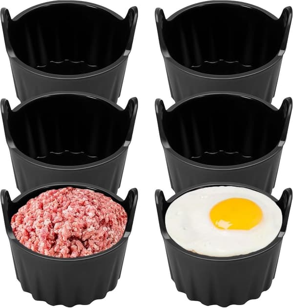 6-dels tilbehør til eggform – passer til alle airfryere – svarte eggformer i silikon – non-stick-belegg