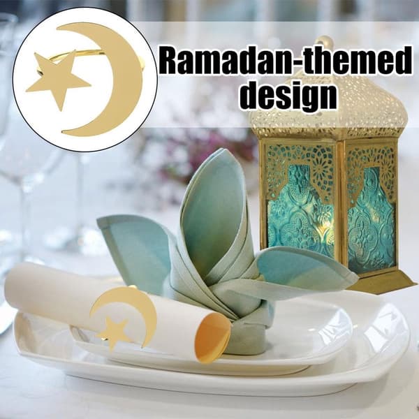 Servettringar i guld, 6-pack, Ramadan-design med måne och stjärna, robust bordsdekoration i metall för bröllopsmiddagar och Eid-banketter