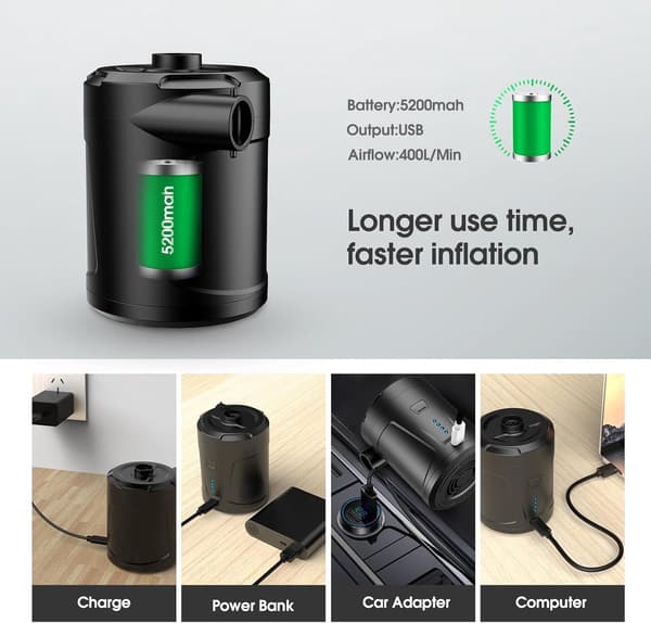Elektrisk luftpumpe, 5200mAh USB genopladelig luftpumpe med 3 dyser, 400 L/min, til luftmadrasser, pools, både, camping, sort