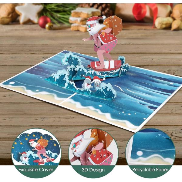 IC 3D Pop Up Card Julkort, vakkert jultomte gratulationskort med kuvert (surf) farge 2