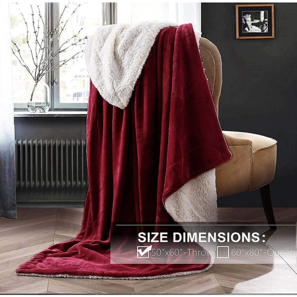 Sherpa-filt för dubbelsäng Tjock varm filt för vintersäng Supermjuk fuzzy flanell fleece/ull som vändbar sammetsplysch filt (vinröd dubbelsängsstorlek 60