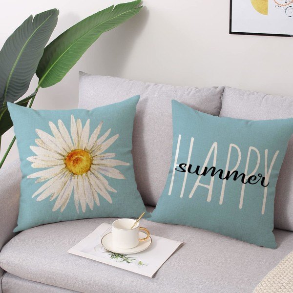 IC Sommarkuddfodral 18x18 Set med 4 Farmhouse-kuddfodral Linne Blommigt Dekorativt Case för Bäddsoffa Utomhus (18\" x 18\", Blå)