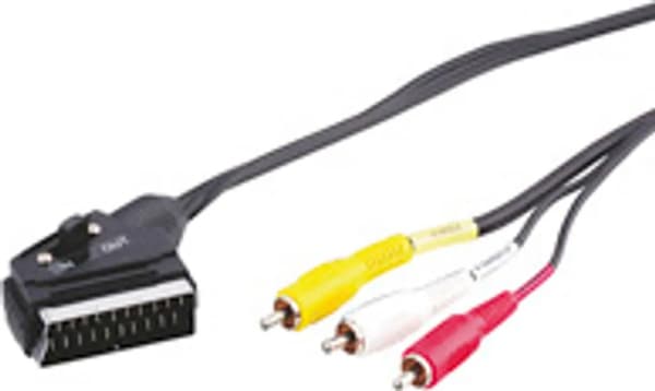 SCART til 3 RCA adapterkabel, tovejs lyd- og videokonverter med input/output-kontakt, 21-pin SCART-hanstik, 1,8 m sort