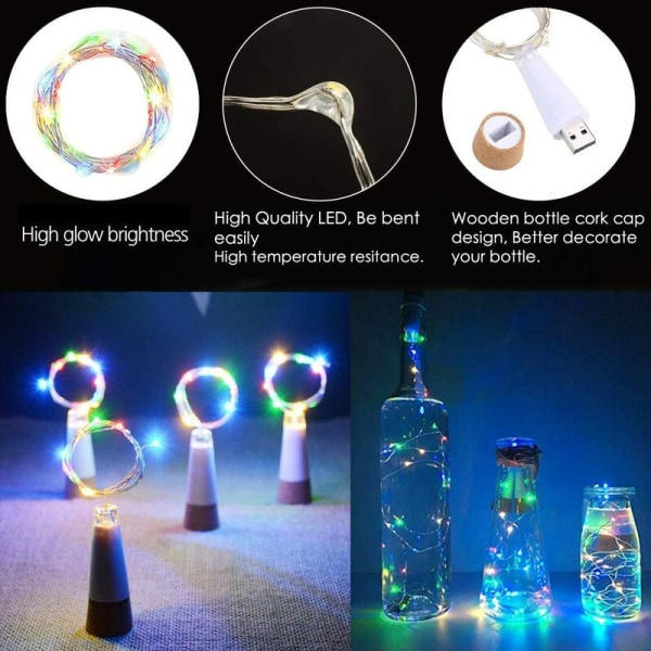 LED-vinflasklampor Flerfärgade, USB-uppladdningsbara, Batterifria, 2M 20 LED-batteridrivna ljusslingor för Jul, Halloween-present