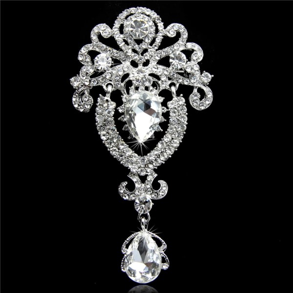 Bröllopsbrosch med store blommor i sølv Rhinestone Crystal Diamante W White