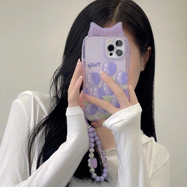 IC 2 delar lila tulpan blommiga rosetter för iPhone 13 Pro Max med kedja par telefonfodral