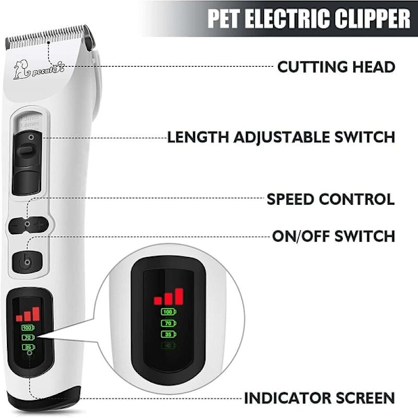 Hundeklipper - Professionel 3-trins Hunde- og Katteklipper til Langt og Tykt Hår, Trådløs Genopladelig Elektrisk Klipper med 2200mAh Batteri