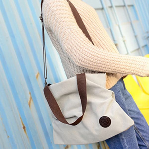 Large Cream White Reusable Canvas Shopping Bag with Large Capacity, Shape-Retaining