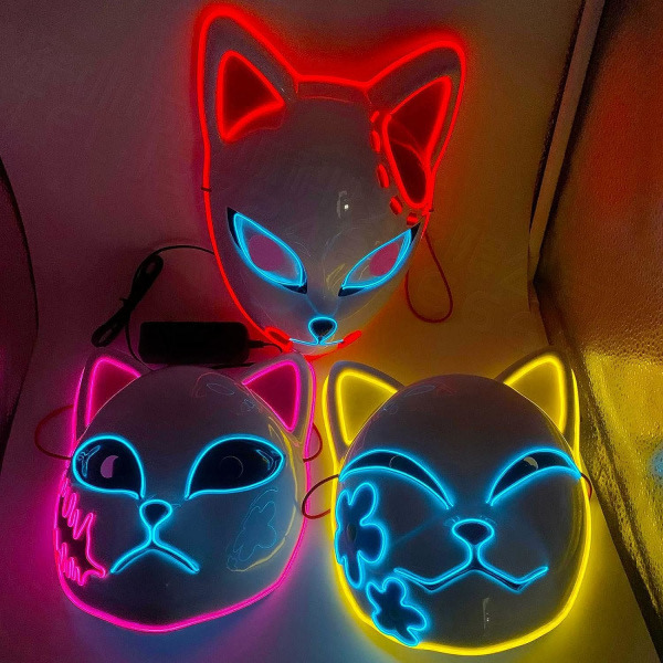 SINSEN Demon Slayer Fox Mask LED Cosplay Cat Mask Japansk anime Halloween kostym rekvisita för barn Vuxna 3 st