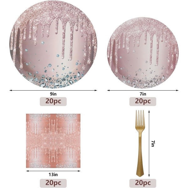 IC 80st roséguldtallrikar och servetter Festtillbehör Rosa roséguld Födelsedagsfest Bordsdekorationer Engångsdesserttallrikar för 20 gäster Kvinnor