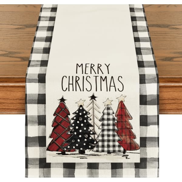 Buffalo pläd julgran god jul bordslöpare, säsongsbetonad vinter semester köksbord dekor