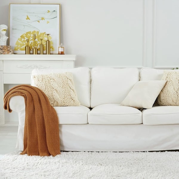 IC Stickad filt Lätt bränd orange filt 100 % ekologisk bomull för bäddsoffa Baby, Rustik Nostalgi Chic, 129,54 cm x 160,02 cm