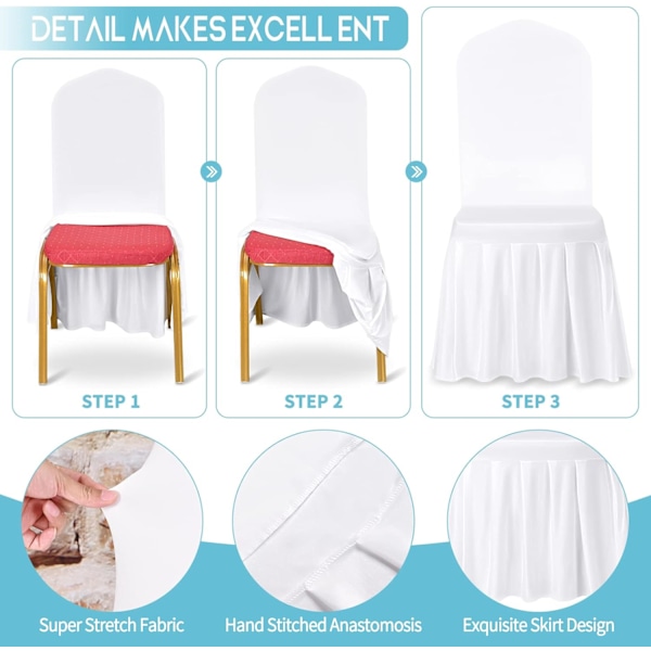 10 stk Stolskydd Hvite Polyester Spandex Lycra Stretch Stolskydd med Skjørt, Universal Vaskbare Beskyttende Stolskydd