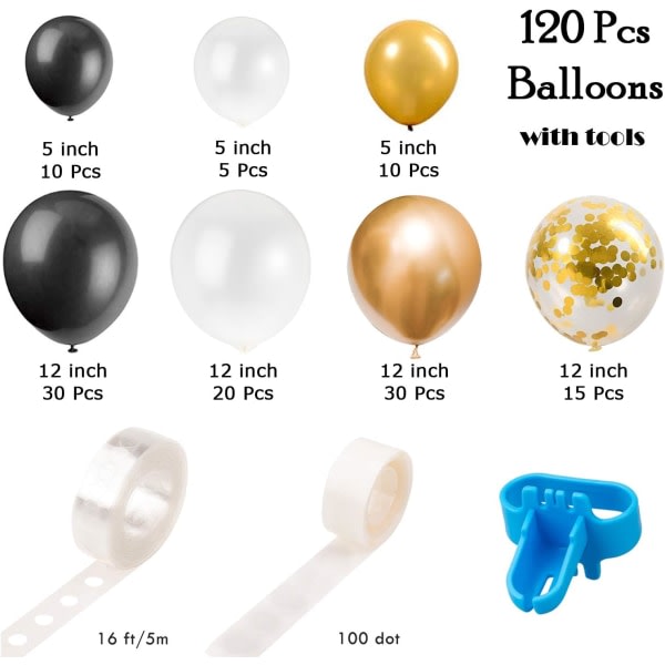 IC Ballongbåge- og kranssats, 120 st svart, vit, guldkonfetti og metalllatexballonger med 1 st bindverktøy, ballongremsa