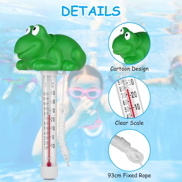 Flytande pooltermometer, pooltermometer, flytande termometer med snöre, pooltermometer för utomhus/inomhus spa, pooler, badkar, akvarier, groda Frog