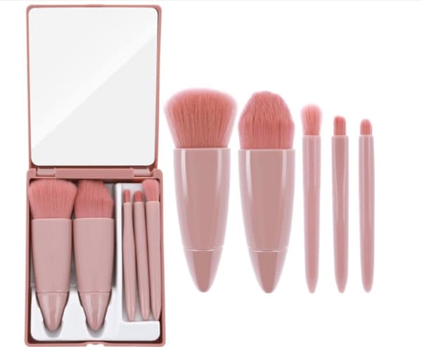 Makeup Brush Set with Mirror - 5 Pieces - Makeup Kit - Travel-Friendly