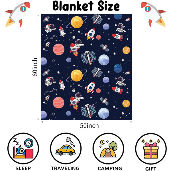 IC Skyddsfilt med rymdtema för barn, 50 x 60 tum Blå rymd Astronaut Raket Fuzzy Plyschfilt för pojkar Presentdekoration
