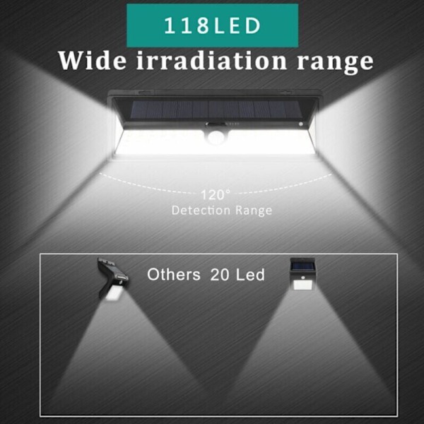 Solar Væglampe - 118 LED Solcellelampe 1000 Lumen Væglampe PIR Bevægelsessensor IP65 Vandtæt Udendørs Have..DEBUNS