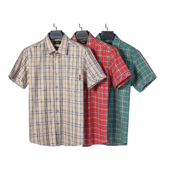 Slim-Fit kortärmad skjorta för män, normal passform klassisk rutig skjorta Khaki L