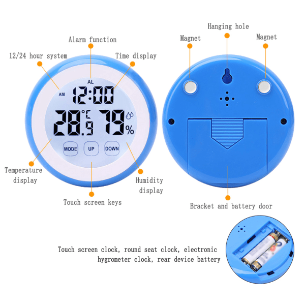 IG Pekskærms vækkeur, rund sæteklokke elektronisk hygrometer blå