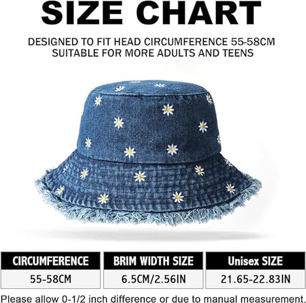 Denim bøllehat til kvinder, UPF 50+ solbeskyttelse, foldbar bomuld, tusindfryd broderi, strandrejsehat, blå, 56-58 cm