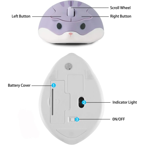 Langaton hiiri Hamsterin muotoinen tietokonehiiret 1200DPI Vähemmän melua Kannettava USB-hiiret (violetti)